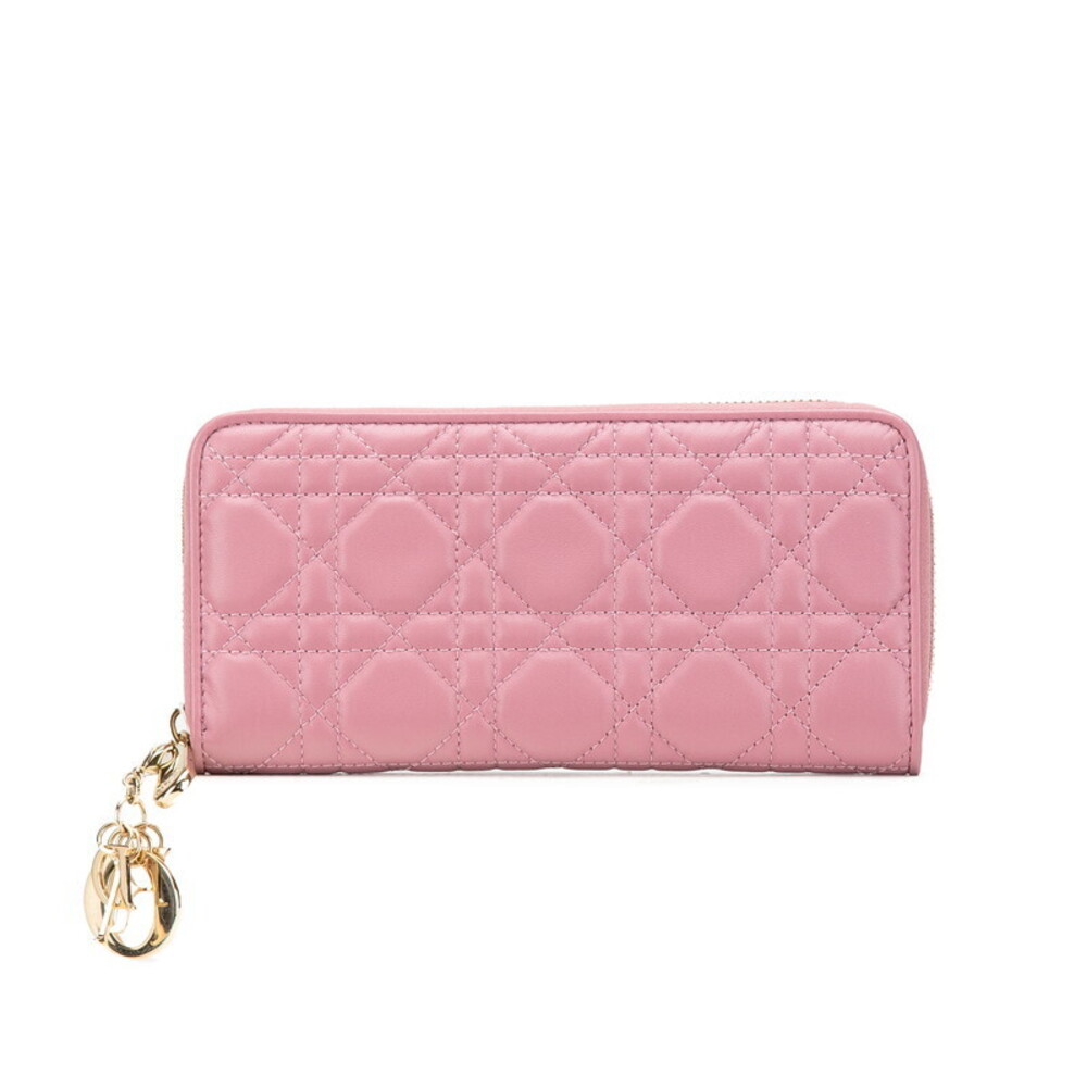 Dior Cannage Lady round zipper long wallet pink lambskin